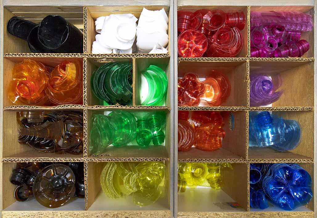 Leo Haz studio archive — sorted PET bottles by colour, Braunau am Inn